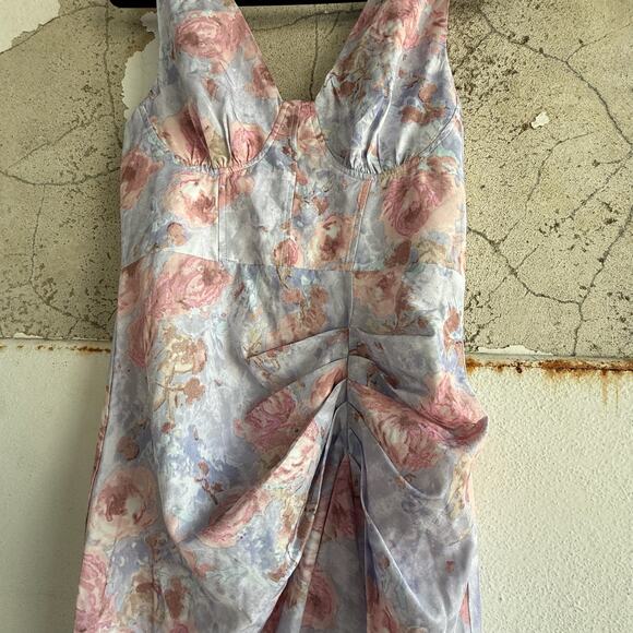 Romantic Floral Ruched Midi Dress Sleeveless Watercolor Knotted Strap Size M - Picture 4 of 8